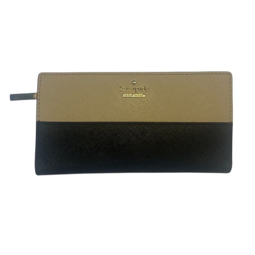 Kate Spade Staci Colorblock Bifold Wallet Warm Beige Black Saffiano Leather